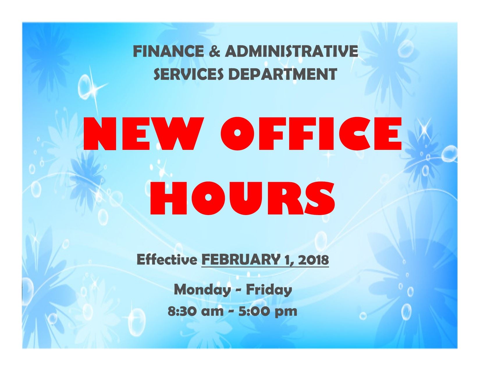 Finance New Office Hours
