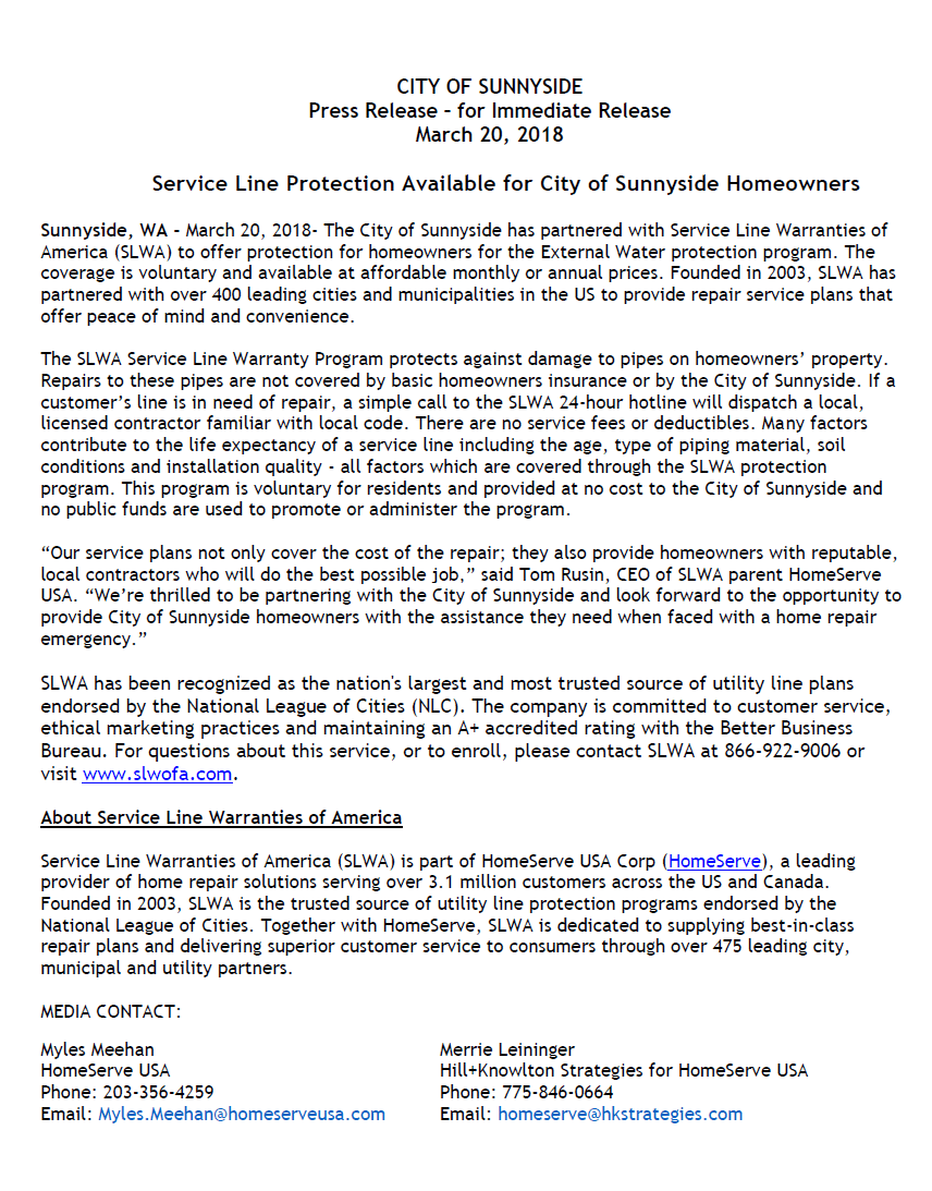 Service Line Protection Available for City of Sunnyside Homeowners