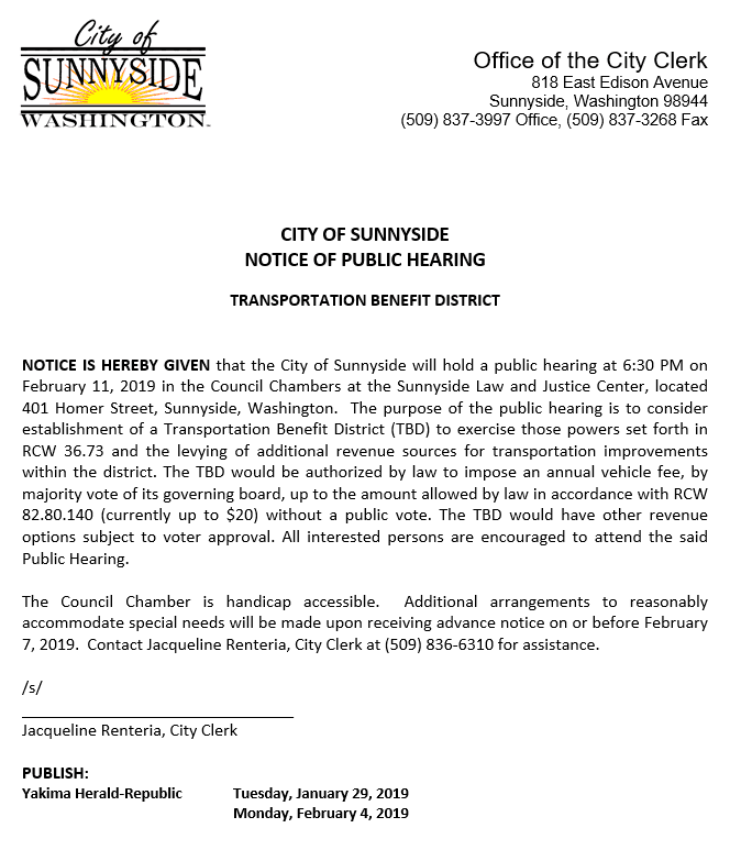 Transportation Benefit District Public Hearing Notice
