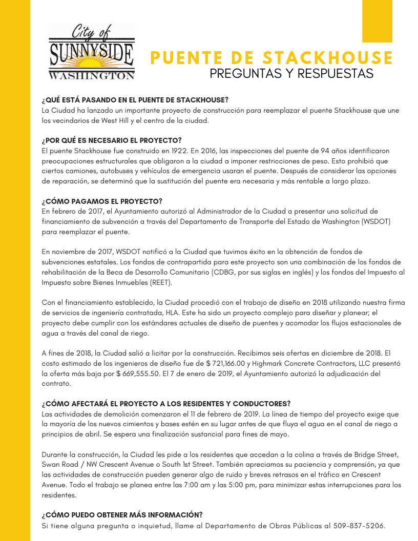 STACKHOUSE BRIDGE PROJECT QA SPANISH