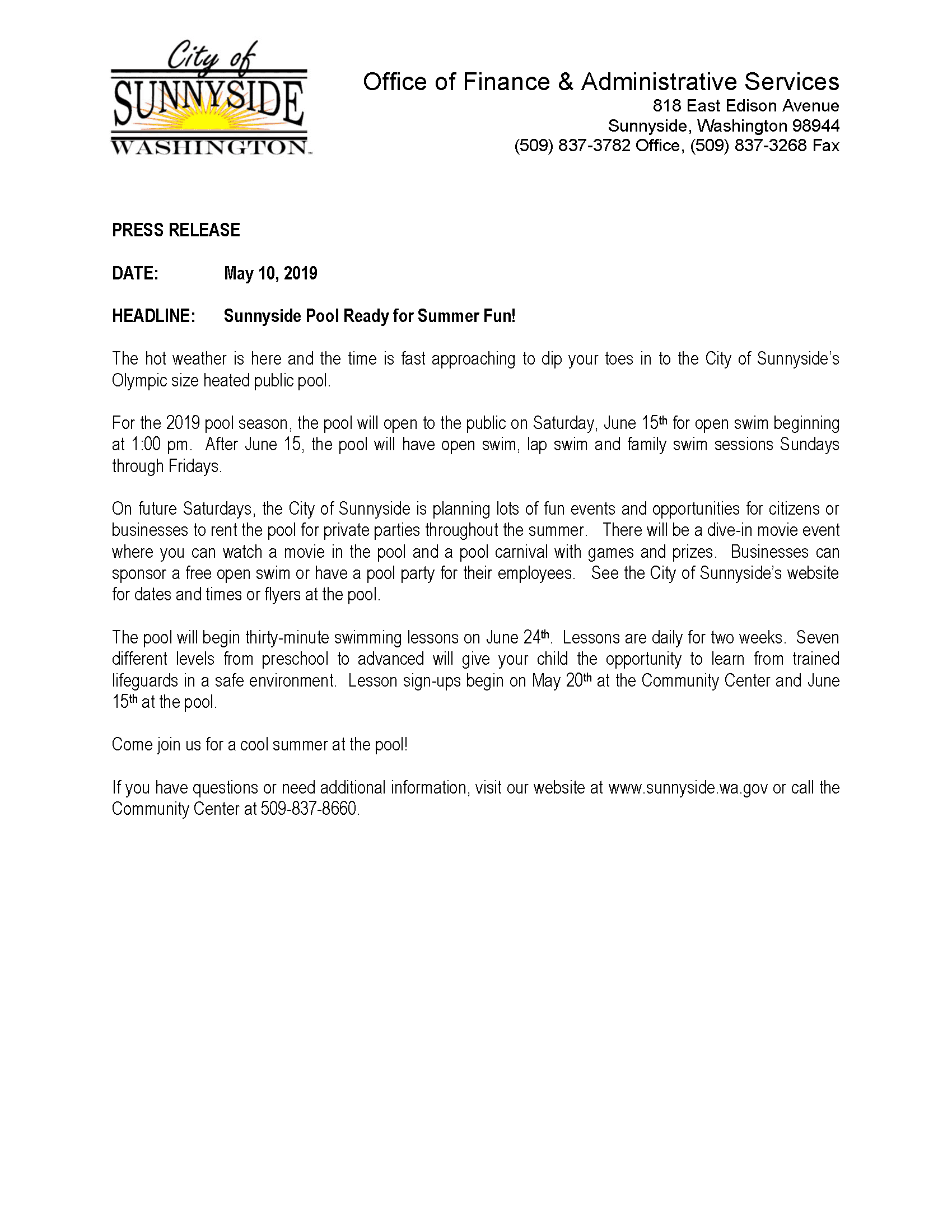 Press Release, Pool Season 2019