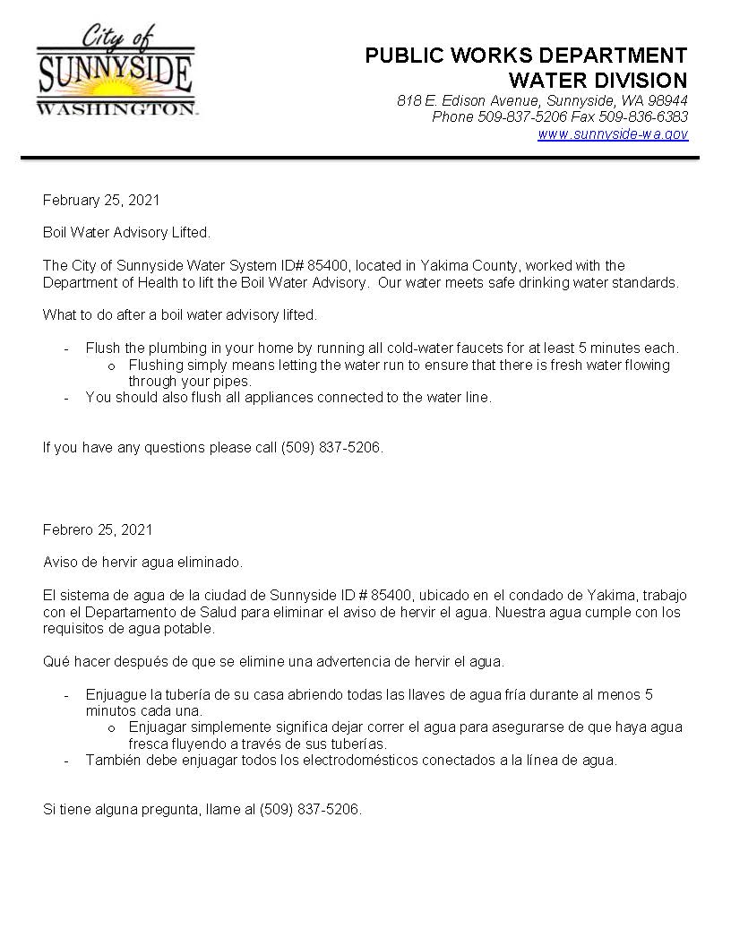 Lifted Boil Water Advisory 2.25.2021